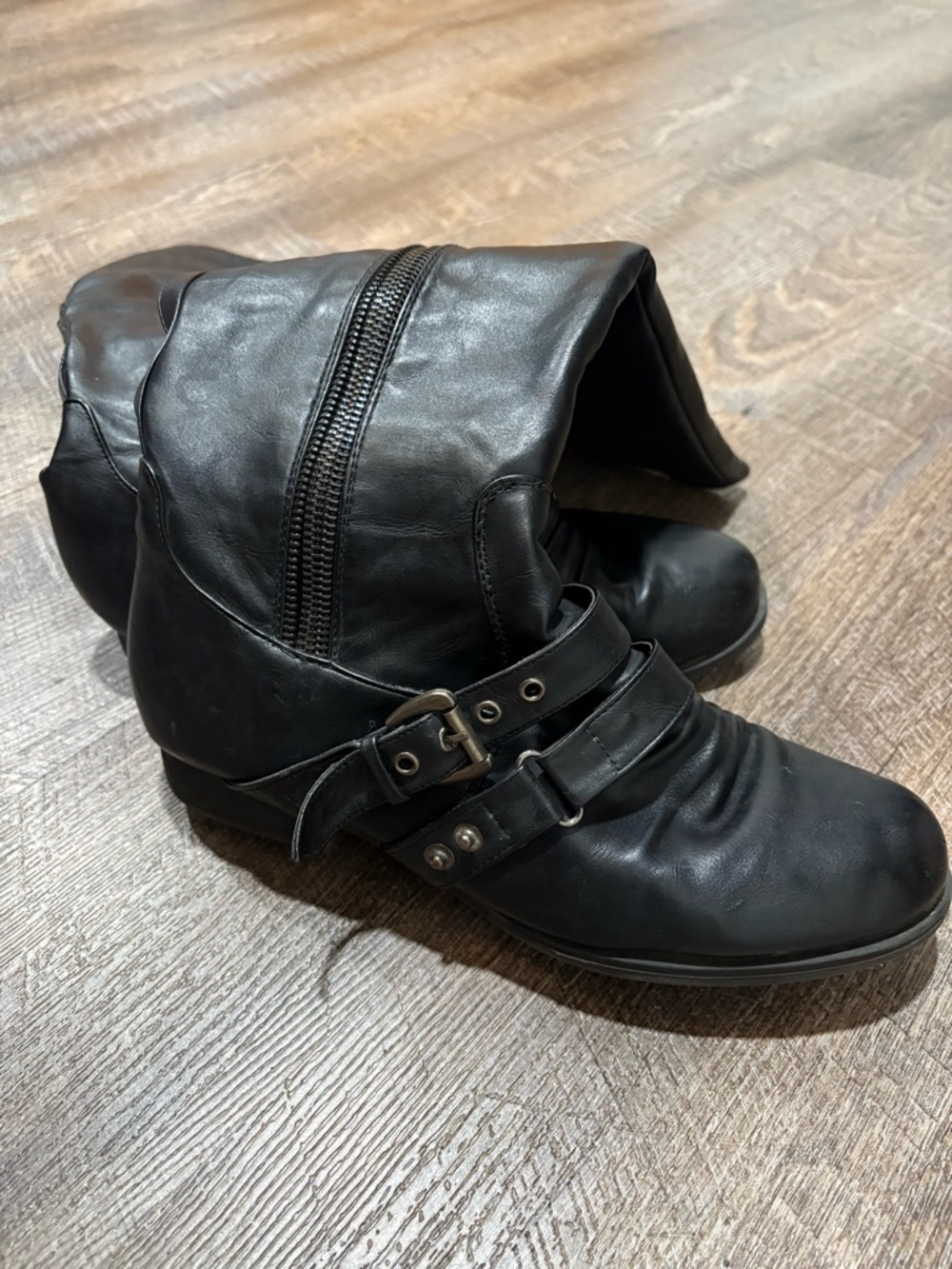 Women's Black Leather Buckle Ankle Boots